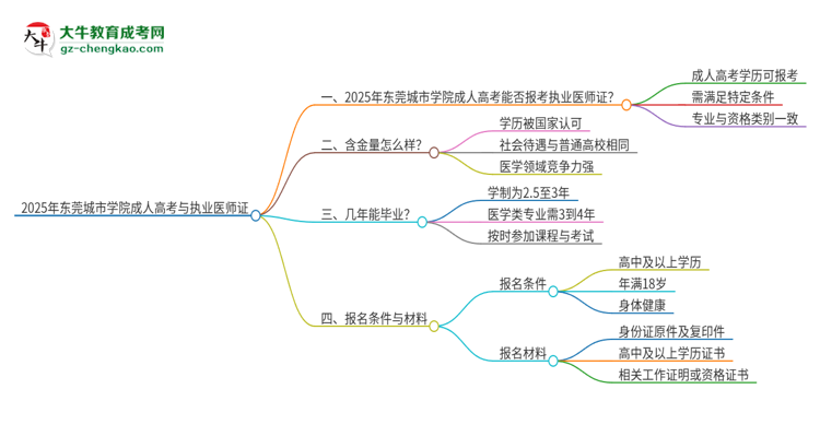 2025年東莞城市學(xué)院的成人高考學(xué)歷能報(bào)考執(zhí)業(yè)醫(yī)師證嗎?思維導(dǎo)圖