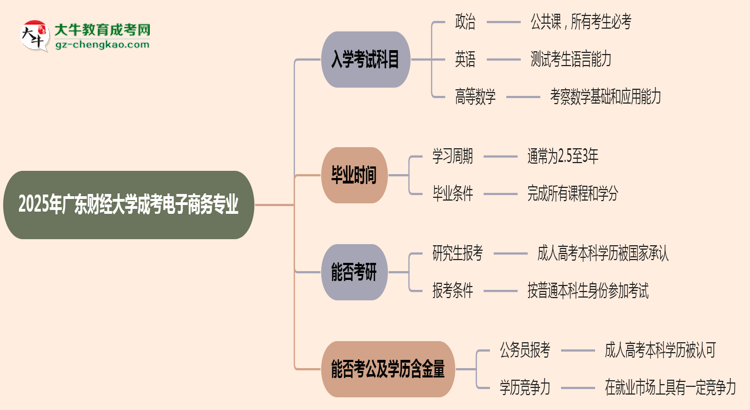 2025年廣東財經(jīng)大學成考電子商務專業(yè)入學考試科目有哪些?思維導圖