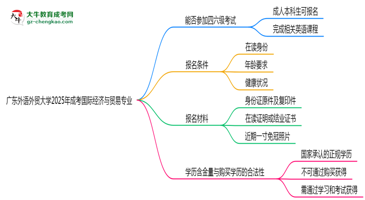 廣東外語(yǔ)外貿(mào)大學(xué)2025年成考國(guó)際經(jīng)濟(jì)與貿(mào)易專(zhuān)業(yè)生可不可以考四六級(jí)？思維導(dǎo)圖