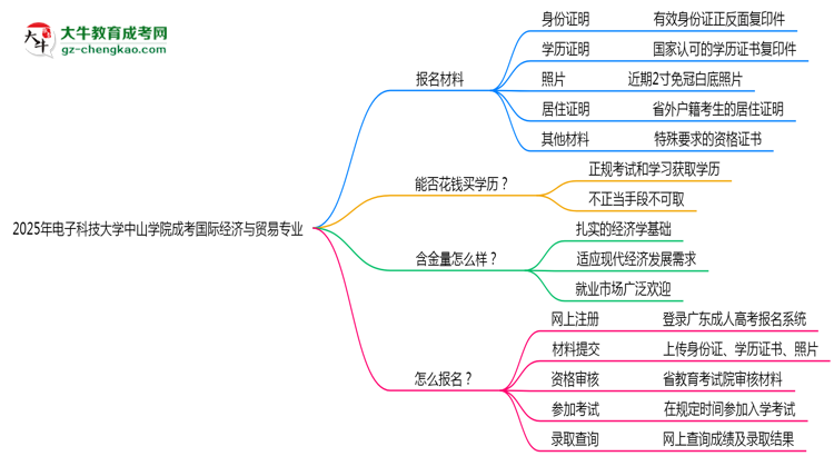 2025年電子科技大學(xué)中山學(xué)院成考國(guó)際經(jīng)濟(jì)與貿(mào)易專業(yè)報(bào)名材料需要什么？思維導(dǎo)圖
