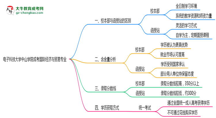 電子科技大學(xué)中山學(xué)院2025年成考國(guó)際經(jīng)濟(jì)與貿(mào)易專業(yè)校本部和函授站哪個(gè)更好？思維導(dǎo)圖