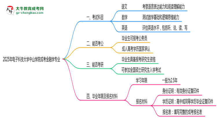 2025年電子科技大學(xué)中山學(xué)院成考金融學(xué)專業(yè)入學(xué)考試科目有哪些？思維導(dǎo)圖