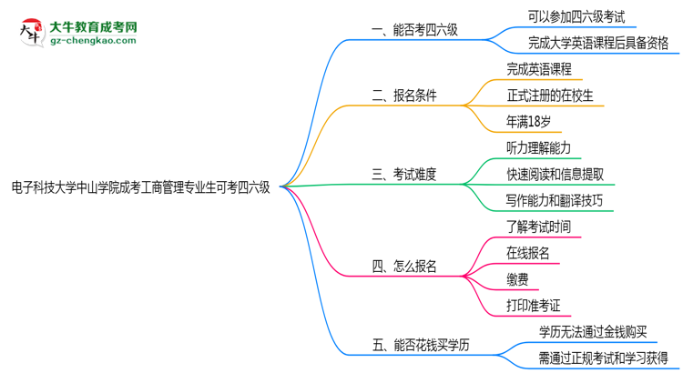 電子科技大學(xué)中山學(xué)院2025年成考工商管理專業(yè)生可不可以考四六級？思維導(dǎo)圖