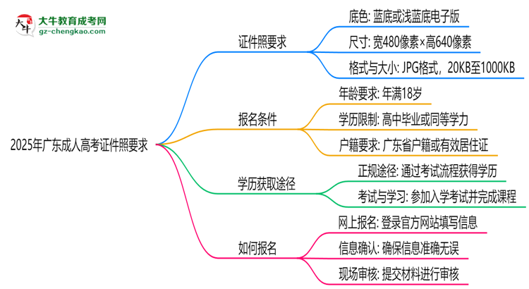 2025年廣東成人高考證件照要求:藍(lán)底/尺寸/修圖思維導(dǎo)圖