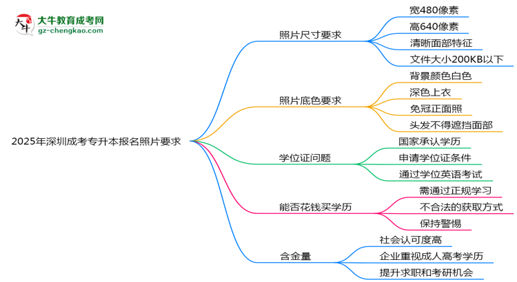 2025年深圳成考專升本報(bào)名照片要求:尺寸+底色思維導(dǎo)圖