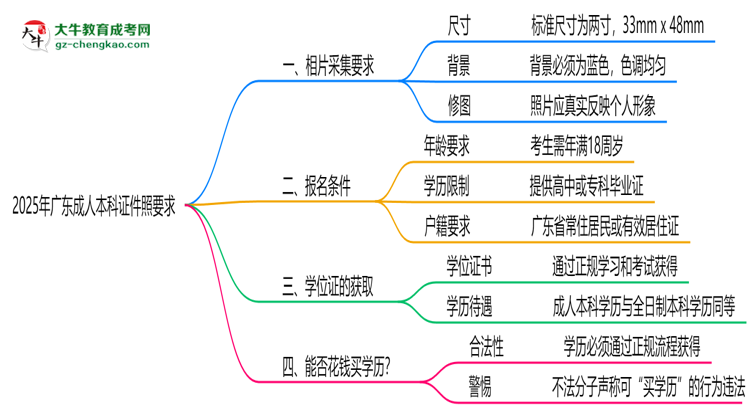 2025年廣東成人本科證件照要求：藍(lán)底/尺寸/修圖思維導(dǎo)圖