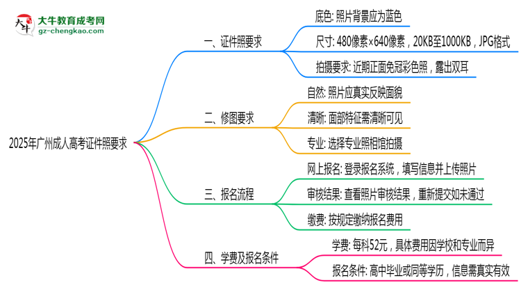 2025年廣州成人高考證件照要求:藍底/尺寸/修圖思維導圖