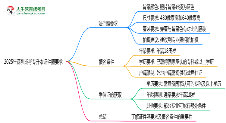 2025年深圳成考專升本證件照要求:藍(lán)底/尺寸/修圖思維導(dǎo)圖