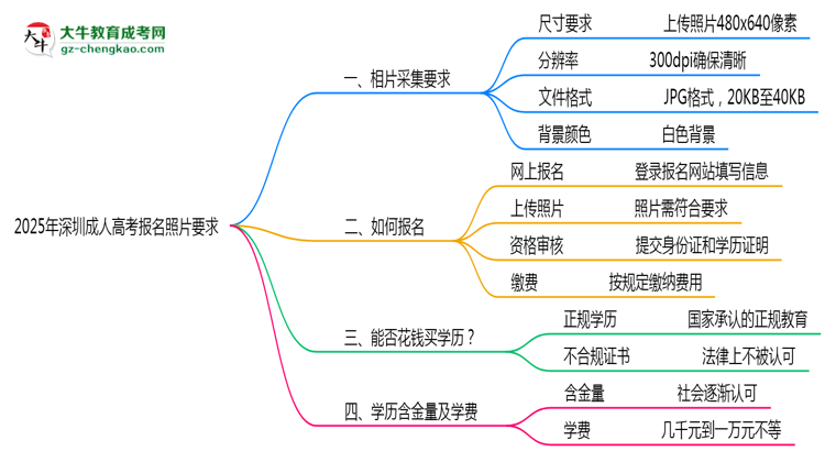 2025年深圳成人高考報(bào)名照片格式尺寸及背景要求思維導(dǎo)圖