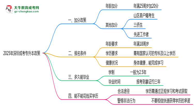 2025年深圳成考專(zhuān)升本加分政策適用人群及申報(bào)流程思維導(dǎo)圖