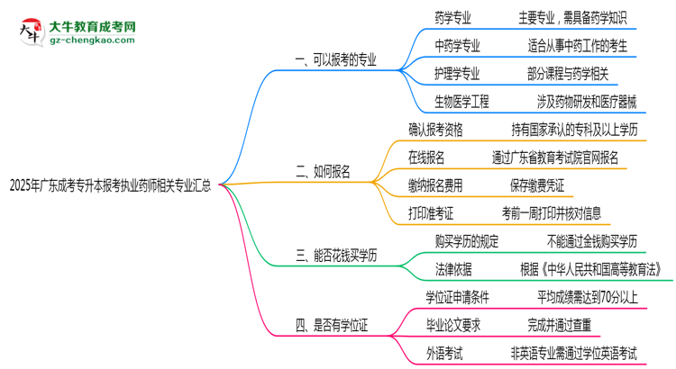 2025年廣東成考專升本報(bào)考執(zhí)業(yè)藥師相關(guān)專業(yè)匯總思維導(dǎo)圖