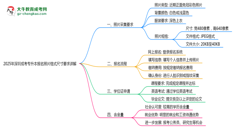 2025年深圳成考專升本報名照片格式尺寸要求詳解思維導圖