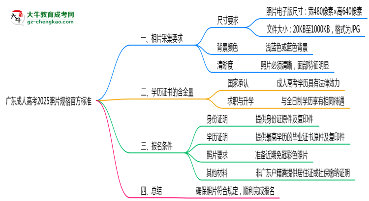 廣東成人高考2025照片規(guī)格官方標(biāo)準(zhǔn)思維導(dǎo)圖
