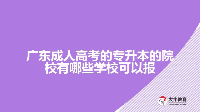 廣東成人高考的專升本的院校有哪些學(xué)?？梢詧? /></div>
<p>　　3、師資力量和教學(xué)資源</p>
<p>　　一個好的學(xué)校應(yīng)該有優(yōu)秀的師資力量和教學(xué)資源，教學(xué)老師應(yīng)該懂得與學(xué)生進行良好的互動，無論是線上還是線下都要讓學(xué)生在學(xué)習(xí)上有收獲。</p>
<p>　　4、學(xué)校的教育輔導(dǎo)和服務(wù)</p>
<p>　　學(xué)校的教育輔導(dǎo)和服務(wù)是成人高考專升本學(xué)習(xí)中的重要環(huán)節(jié)，優(yōu)質(zhì)的學(xué)校應(yīng)該有完善的教師服務(wù)支持機制，幫助學(xué)生進行專業(yè)規(guī)劃，并提供課程的后期輔導(dǎo)服務(wù)。</p>
<p>　　5、形式和費用</p>
<p>　　不同的學(xué)校對于成人高考專升本學(xué)習(xí)的形式和學(xué)費有所不同，學(xué)生可以按照自己的時間和財力考慮選擇適合自己的方式。雖然價格和形式也是一個重要因素，但不應(yīng)該作為選擇學(xué)校的決策標準。</p>
<p>　　最終，選擇適合自己的學(xué)校并非簡單，要想得到好的教育資源，找到一所適合的成人高考專升本學(xué)校往往需要一定的時間和精力。但只要掌握上述技巧，相信可以針對自己的情況，做出最好的選擇。更多成考學(xué)校相關(guān)的資訊可以咨詢大牛教育成考網(wǎng)在線老師了解。</p>
                        ?<div   id=